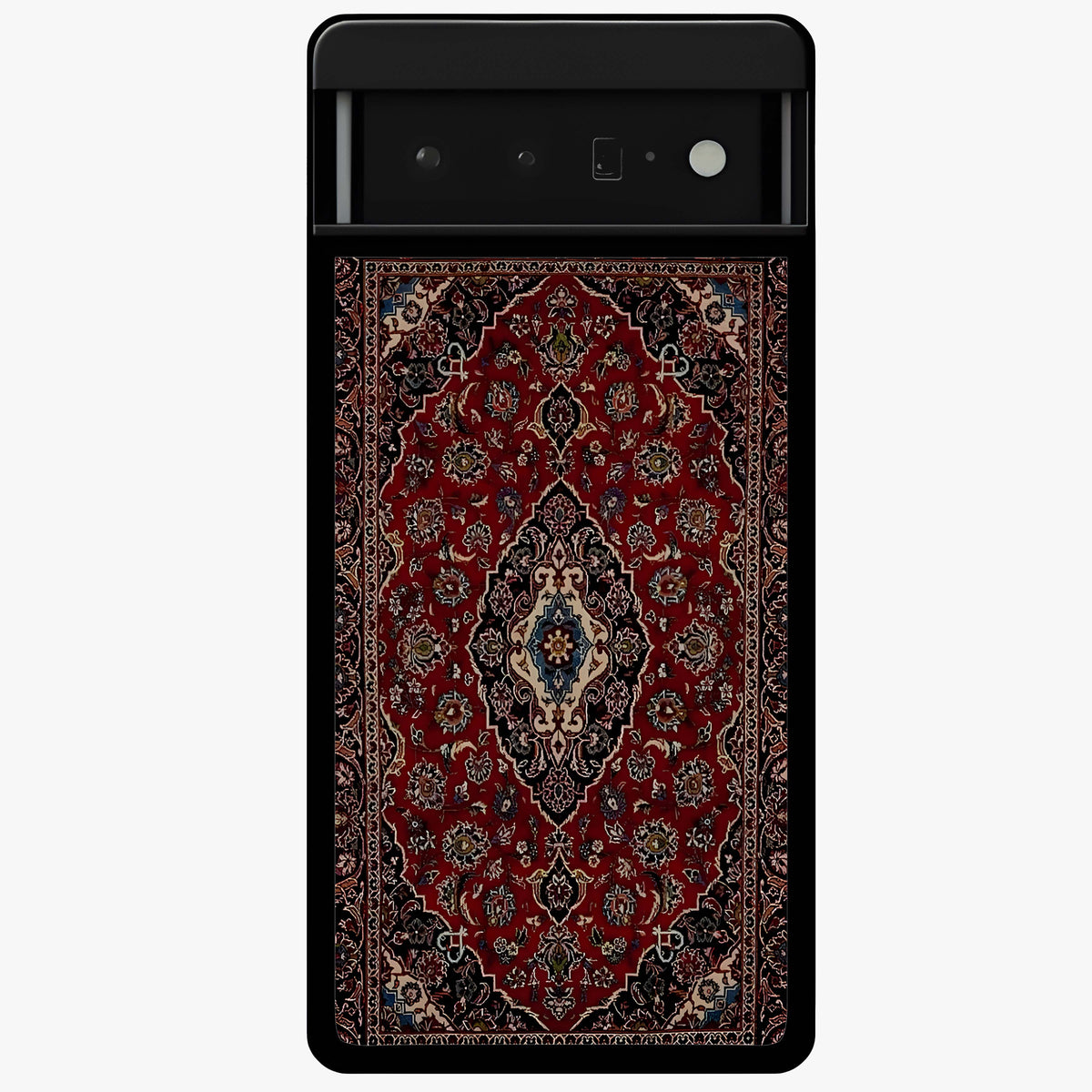 Heritage Carpet Royale Glass Case showing flat back view with ornate Persian carpet inspired pattern and glossy glass finish.
