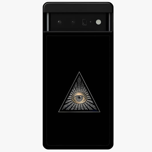 Illuminati Evil Glass Case showing flat back view with mysterious illuminati symbol artwork and glossy glass finish.
