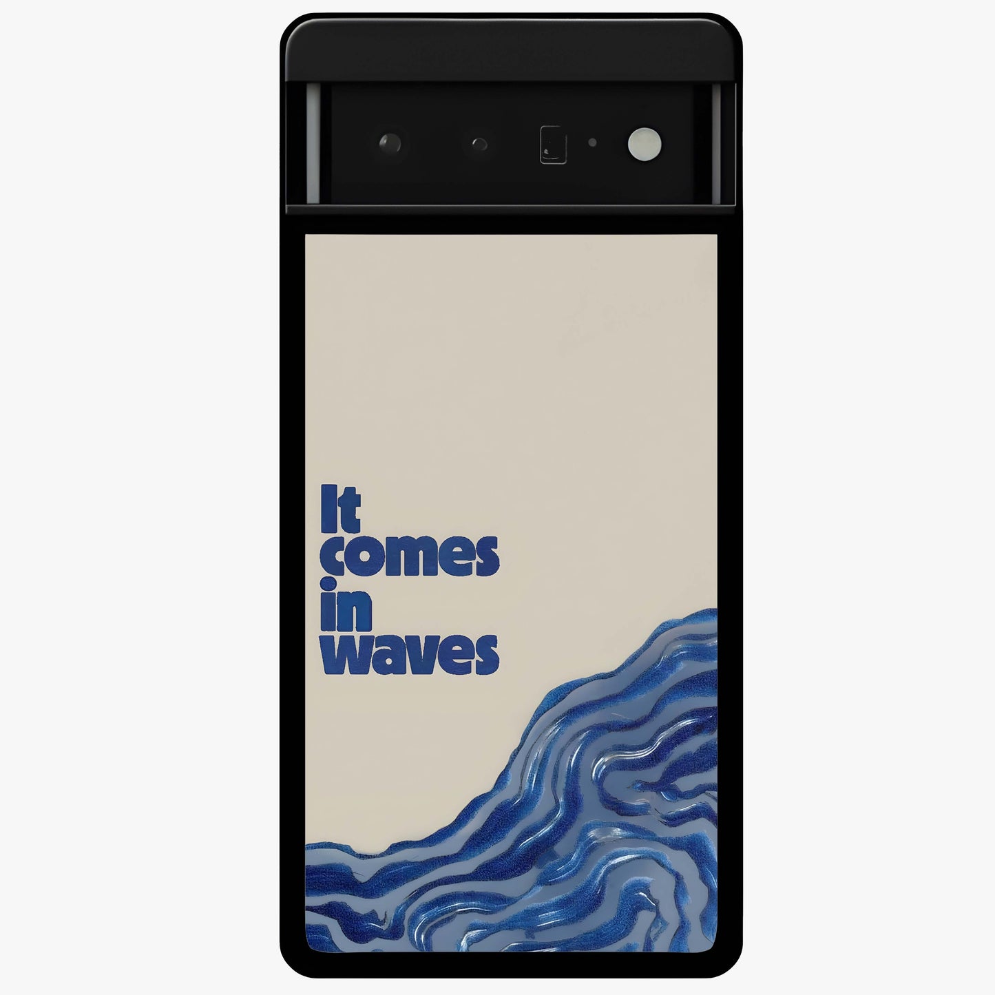 It Comes In Waves Quote Glass Case showing flat back view with inspirational wave themed quote artwork and glossy glass finish.