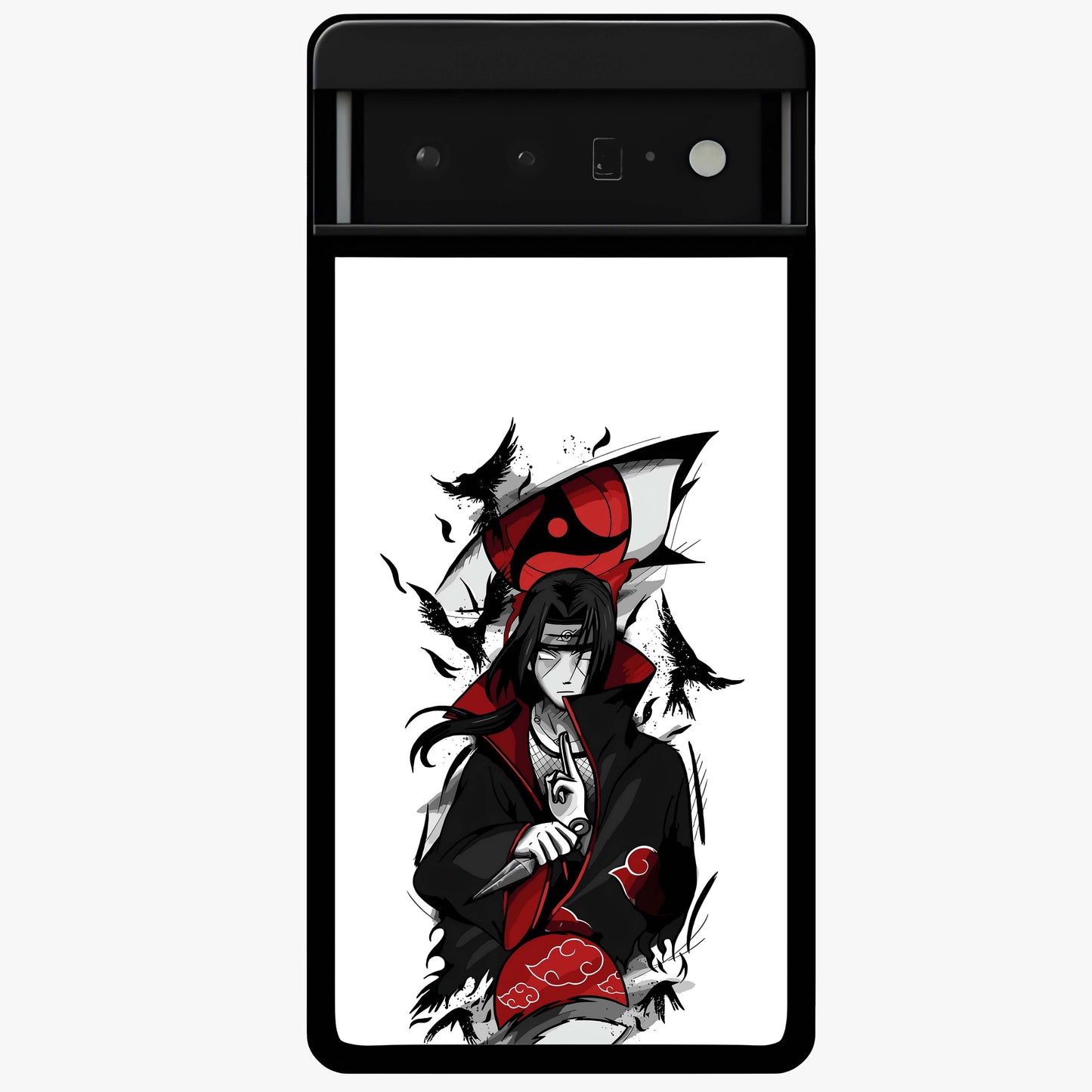 Itachi Sharingan Glass Case showing flat back view with powerful anime eye artwork and glossy glass finish.