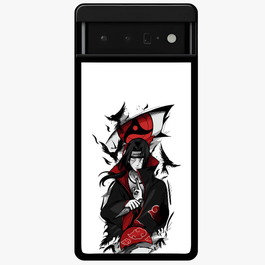 Itachi Sharingan Glass Case showing flat back view with powerful anime eye artwork and glossy glass finish.
