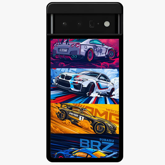 JDM Sports Car Glass Case showing flat back view with high performance sports car artwork and glossy glass finish.