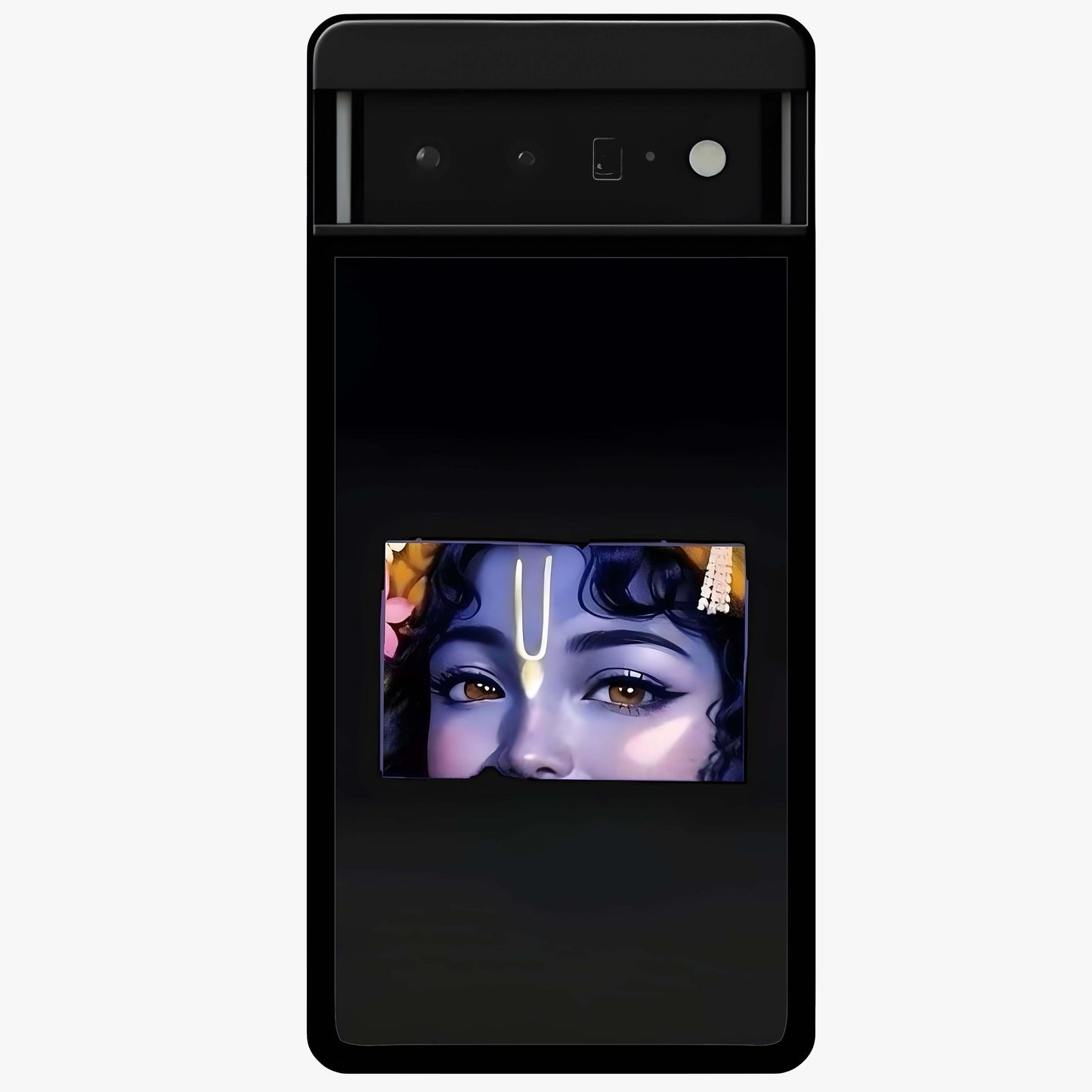 Krishna Divine Embrace Glass Case showing flat back view with Lord Krishna devotional artwork and glossy glass finish.