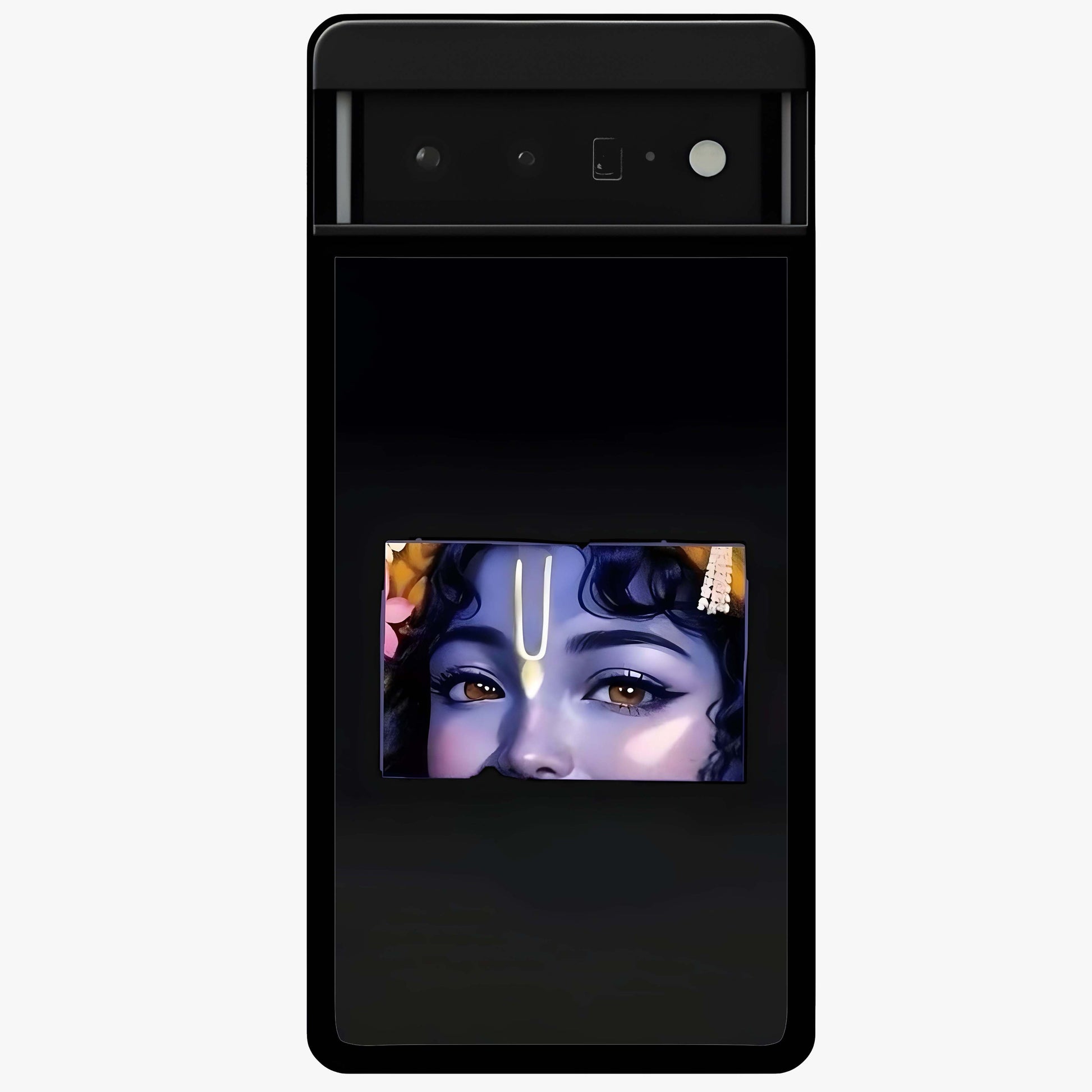 Krishna Divine Embrace Glass Case showing flat back view with Lord Krishna devotional artwork and glossy glass finish.