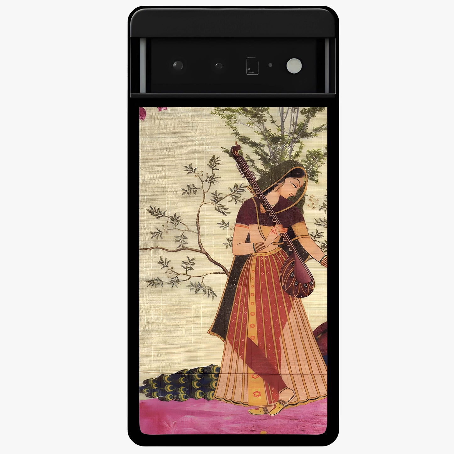 Lady With Veena Art Glass Case showing flat back view with elegant woman playing veena artwork and glossy glass finish.