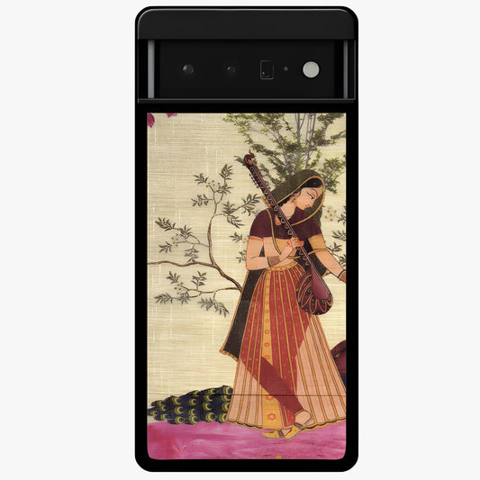 Lady With Veena Art Glass Case showing flat back view with elegant woman playing veena artwork and glossy glass finish.