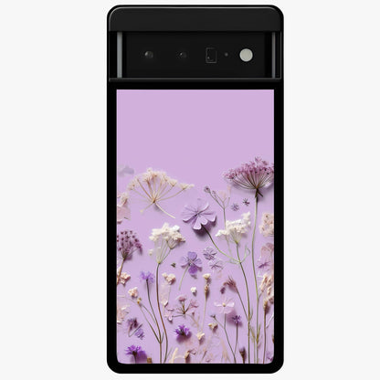 Lavender Blossom Dream Glass Case showing flat back view with soft lavender floral artwork and glossy glass finish.