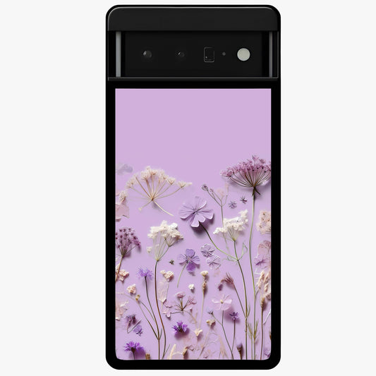 Lavender Blossom Dream Glass Case showing flat back view with soft lavender floral artwork and glossy glass finish.