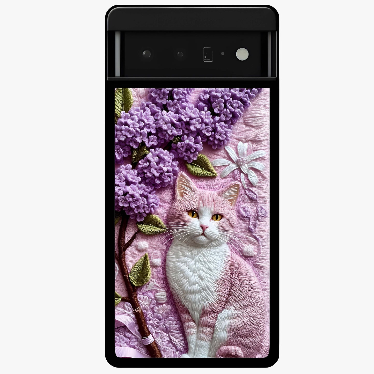 Lavender Cat Whimsy Glass Case showing flat back view with cute lavender cat artwork and glossy glass finish.