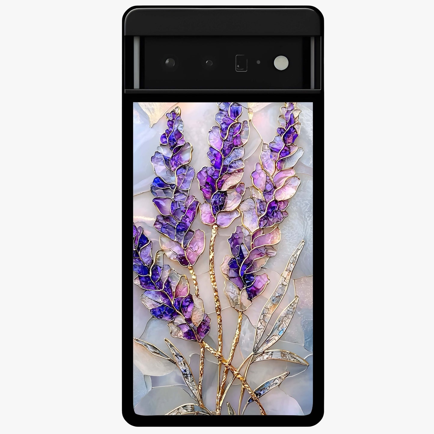 Lavender Dream Glow Glass Case showing flat back view with glowing lavender aesthetic artwork and glossy glass finish.