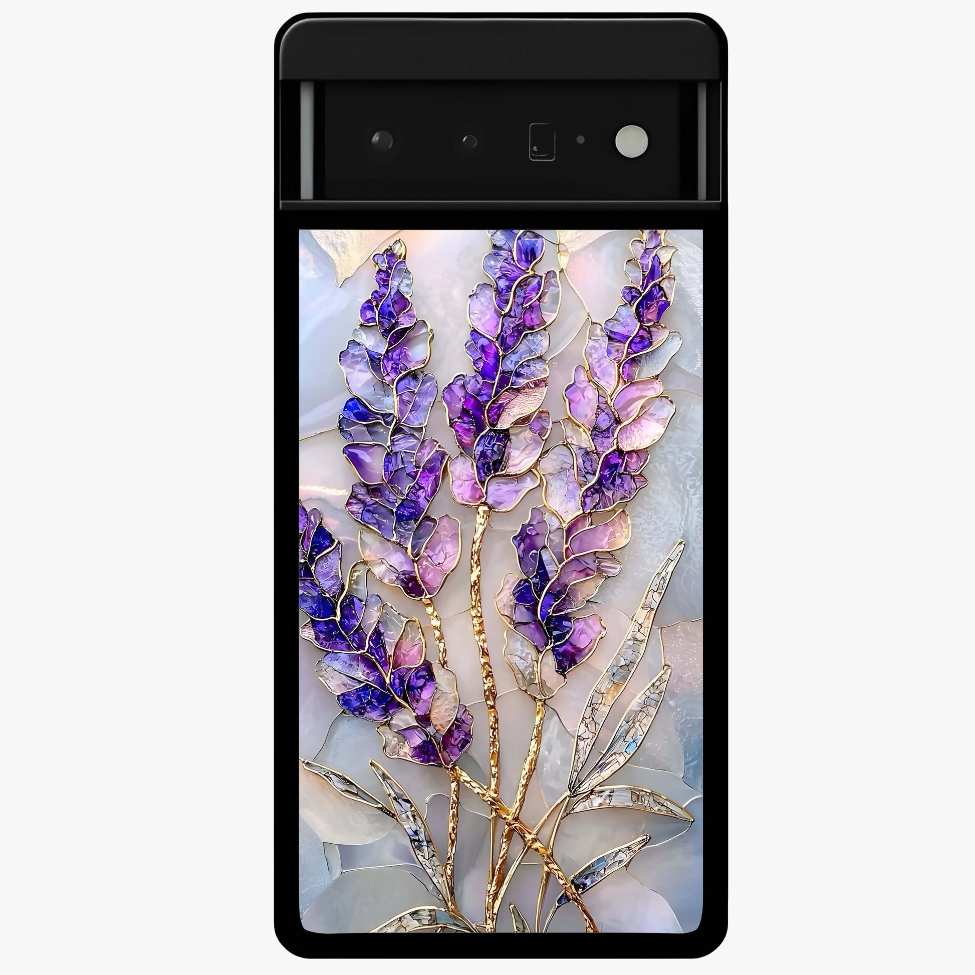 Lavender Dream Glow Glass Case showing flat back view with glowing lavender aesthetic artwork and glossy glass finish.