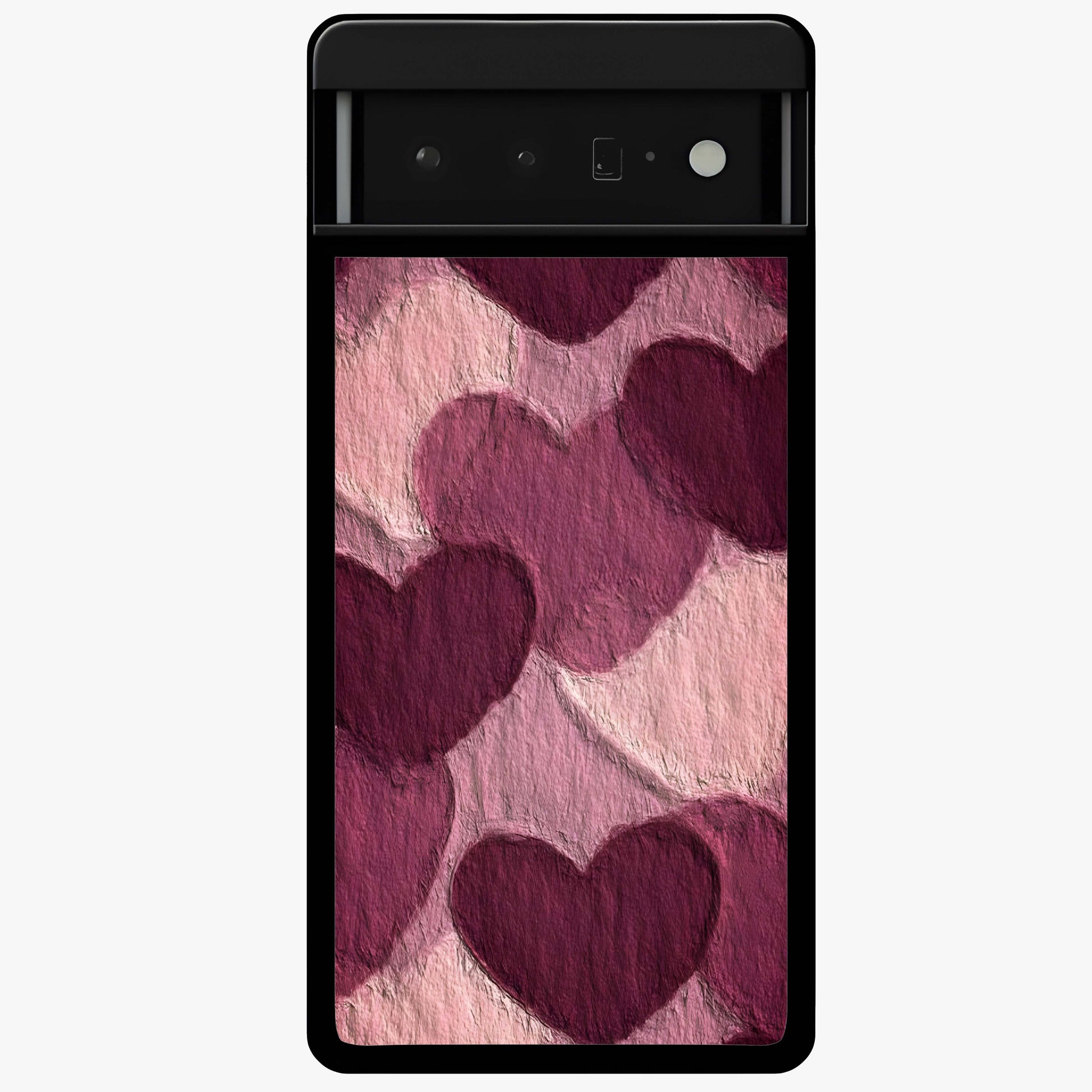 Layered Paper Hearts Glass Case showing flat back view with layered paper heart artwork and glossy glass finish.
