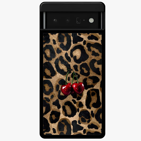 Leopard Wild Cherry Glass Case showing flat back view with leopard pattern and cherry artwork and glossy glass finish.
