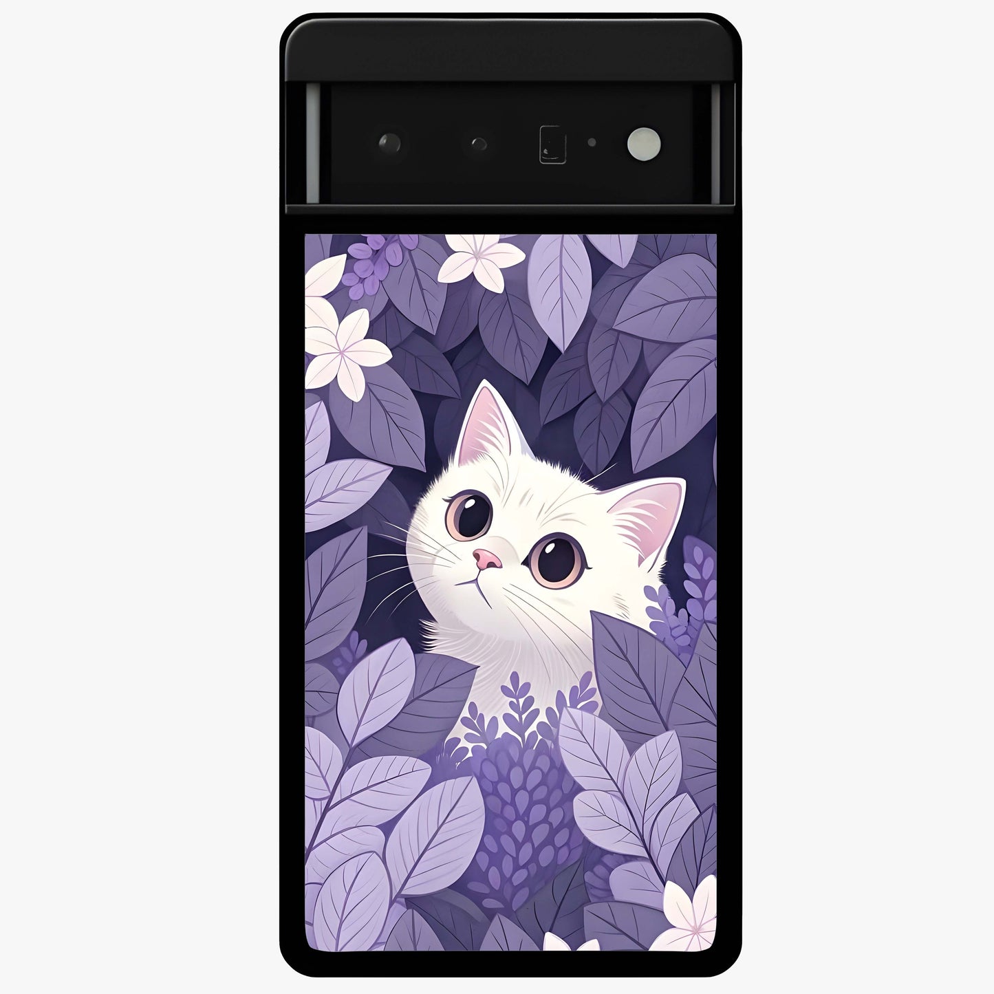 Lilac Hide Peek Cat Glass Case showing flat back view with cute peeking cat artwork and glossy glass finish.