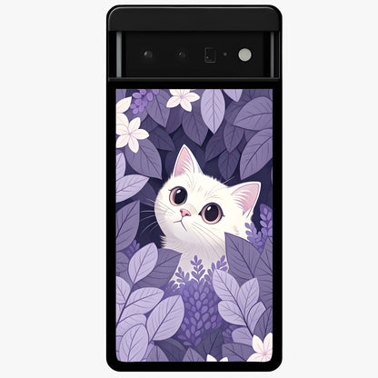 Lilac Hide Peek Cat Glass Case showing flat back view with cute peeking cat artwork and glossy glass finish.