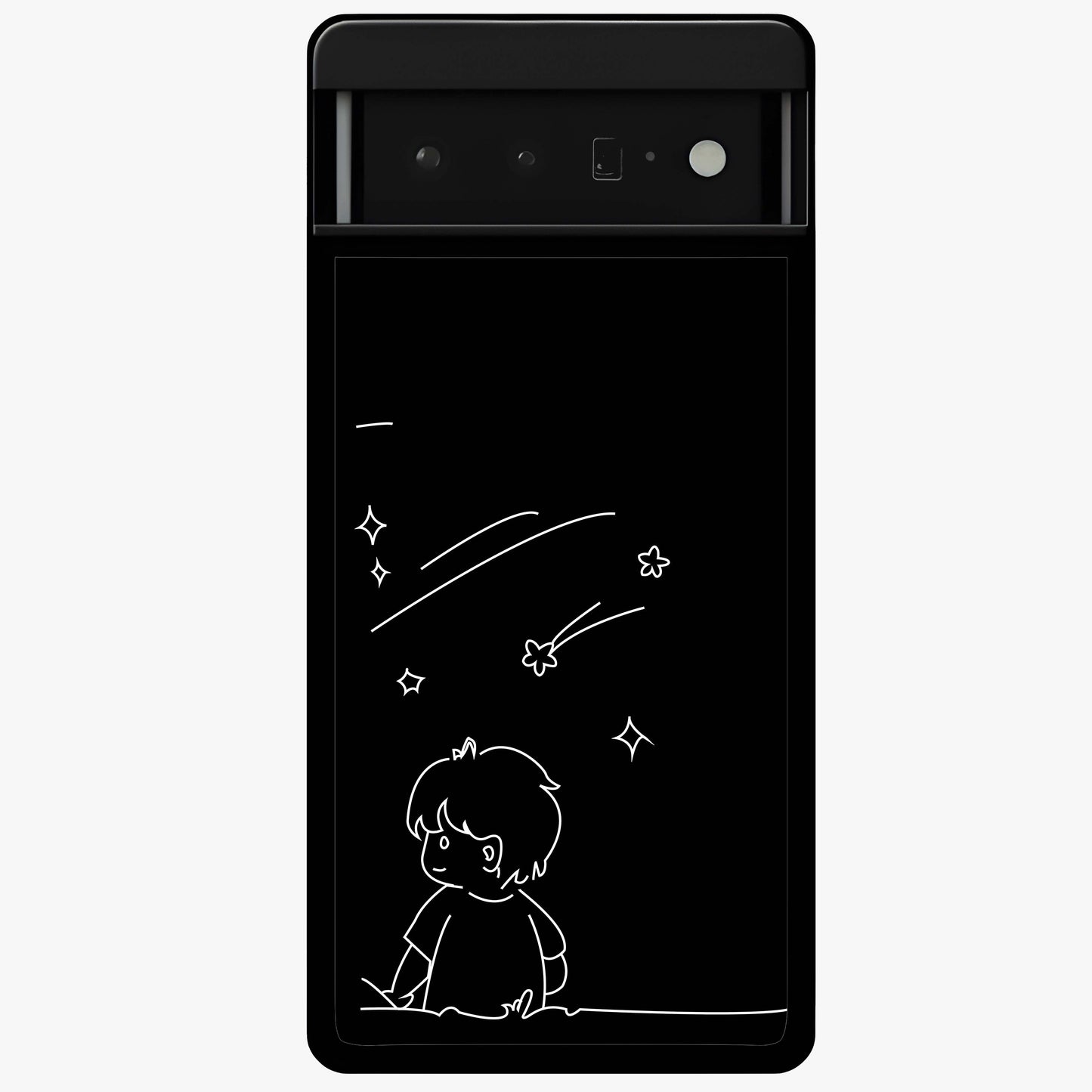 Line Art Boy With Shooting Stars Glass Case showing flat back view with minimal line art boy and shooting stars illustration and glossy glass finish.