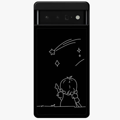 Line Art Girl With Shooting Stars Glass Case showing flat back view with minimal line art girl and shooting stars illustration and glossy glass finish.