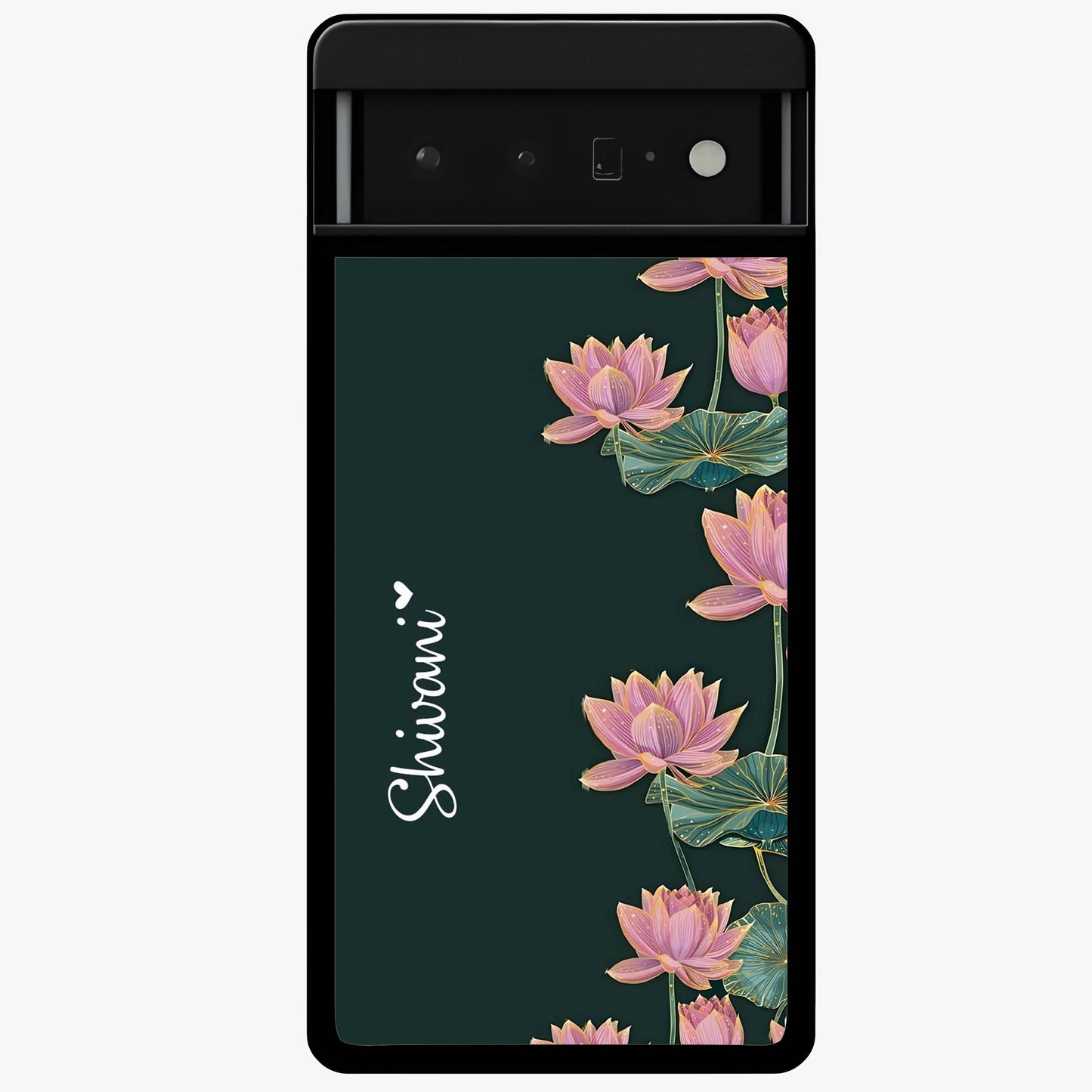 Lotus Bloom Serenity Custom Name Glass Case showing flat back view with elegant lotus flower artwork and personalized name design.