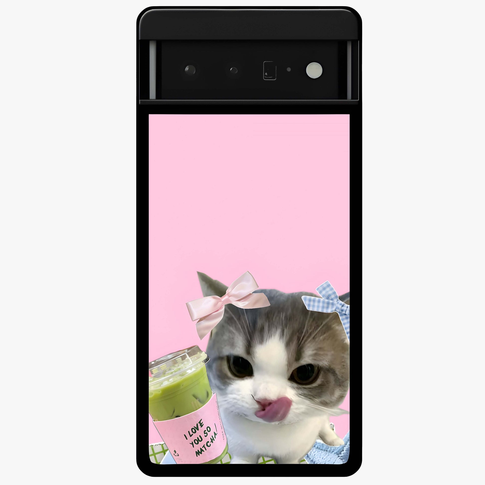 Love Matcha Cat Glass Case showing flat back view with cute cat and matcha themed artwork and glossy glass finish.