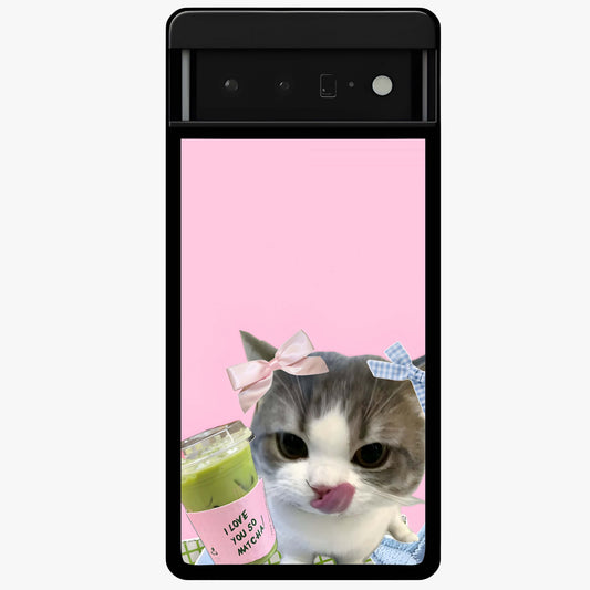 Love Matcha Cat Glass Case showing flat back view with cute cat and matcha themed artwork and glossy glass finish.