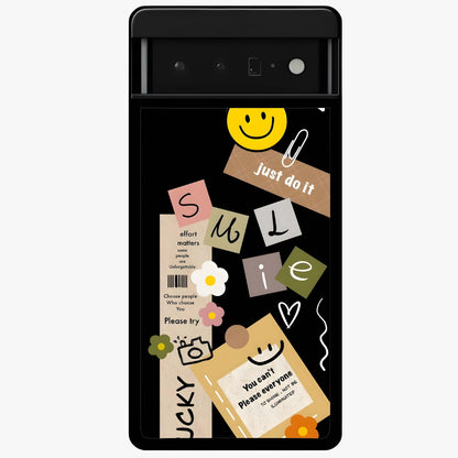 Lucky Aesthetic Collage Glass Case showing flat back view with trendy aesthetic collage artwork and glossy glass finish.