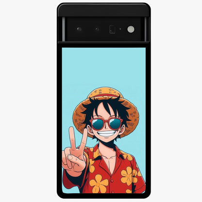 Luffy Summer Anime Vibe Glass Case showing flat back view with vibrant anime character artwork and glossy glass finish.