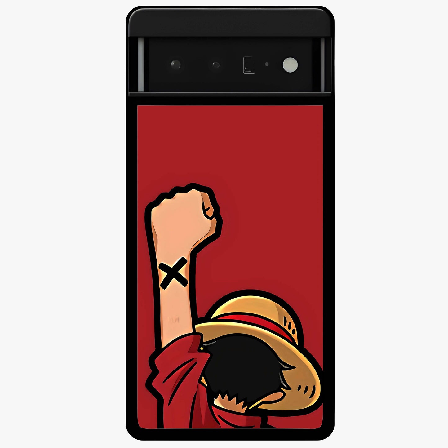 Luffy X Spirit Glass Case showing flat back view with bold anime character artwork and glossy glass finish.