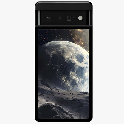 Lunar Horizon Glow Glass Case showing flat back view with glowing moon horizon artwork and glossy glass finish.
