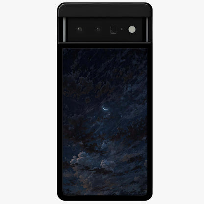 Lunar Veil Silence Glass Case showing flat back view with mystical moon veil artwork and glossy glass finish.