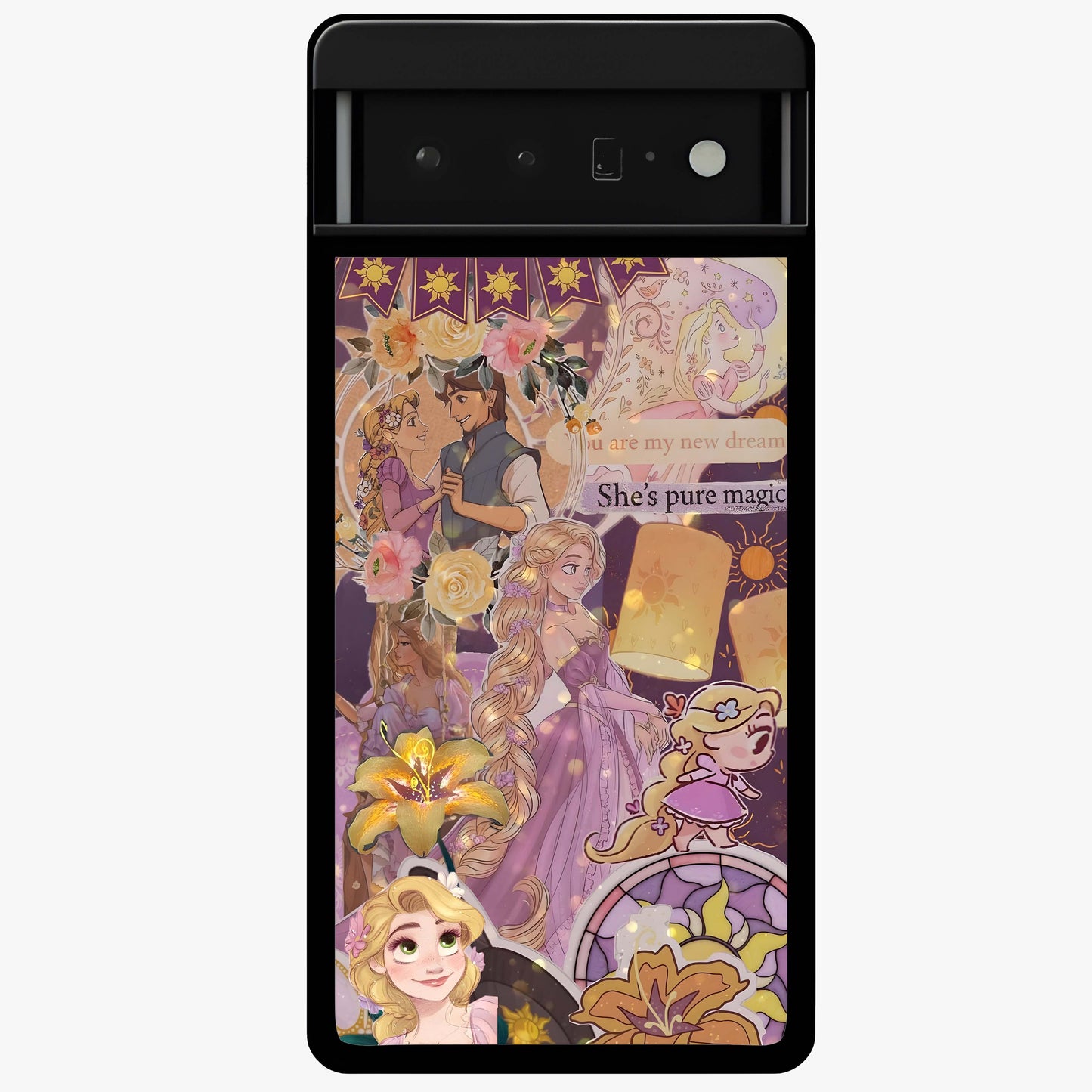 Magical Tangled Dream Glass Case showing flat back view with dreamy tangled artwork and glossy glass finish.