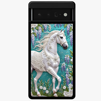 Majestic Floral Stallion Glass Case showing flat back view with powerful horse and floral artwork and glossy glass finish.