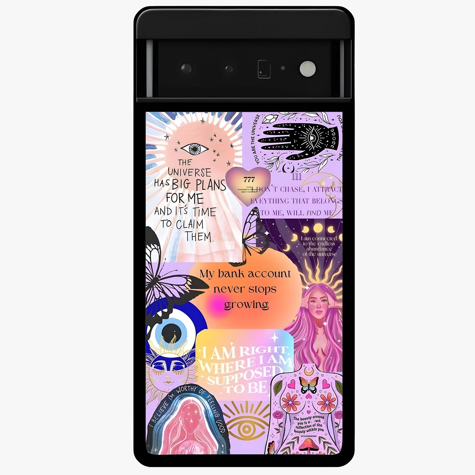 Manifestation Collage Glass Case showing flat back view with motivational collage artwork and glossy glass finish.