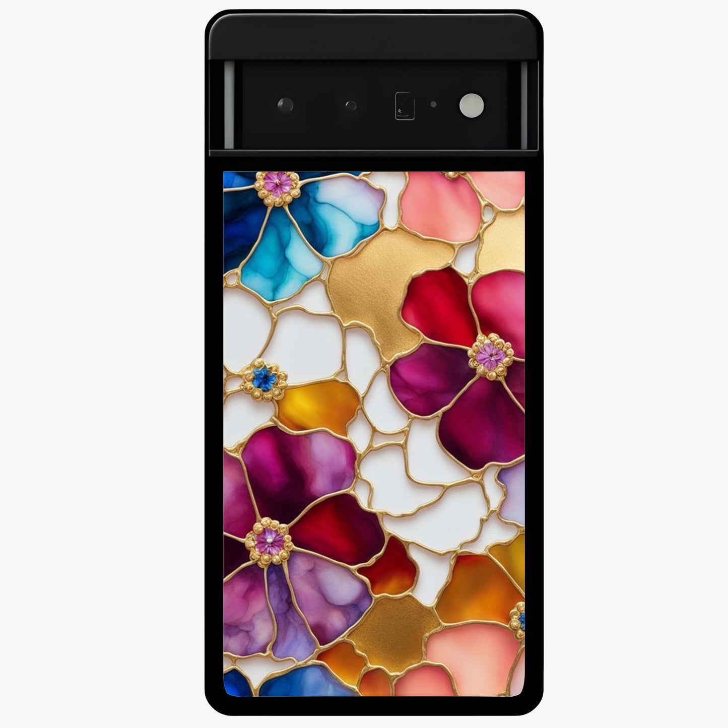 Marble Flower Pattern Glass Case showing flat back view with marble texture floral artwork and glossy glass finish.