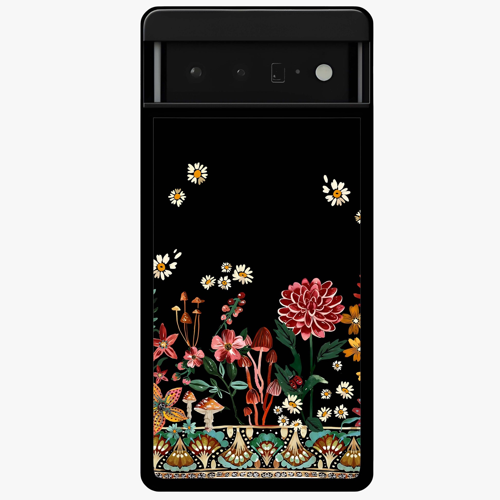 Midnight Bloom Pattern Glass Case showing flat back view with dark floral pattern artwork and glossy glass finish.