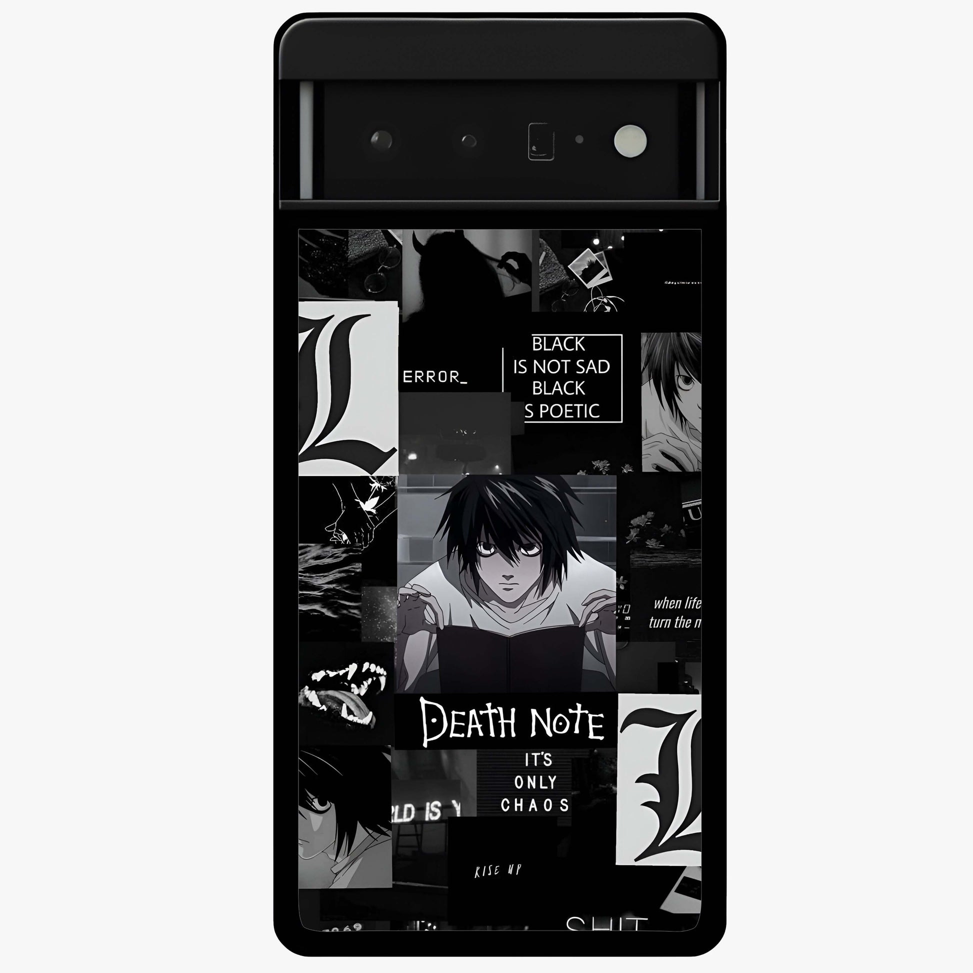 Midnight Chaos Mind Glass Case showing flat back view with abstract dark themed artwork and glossy glass finish.