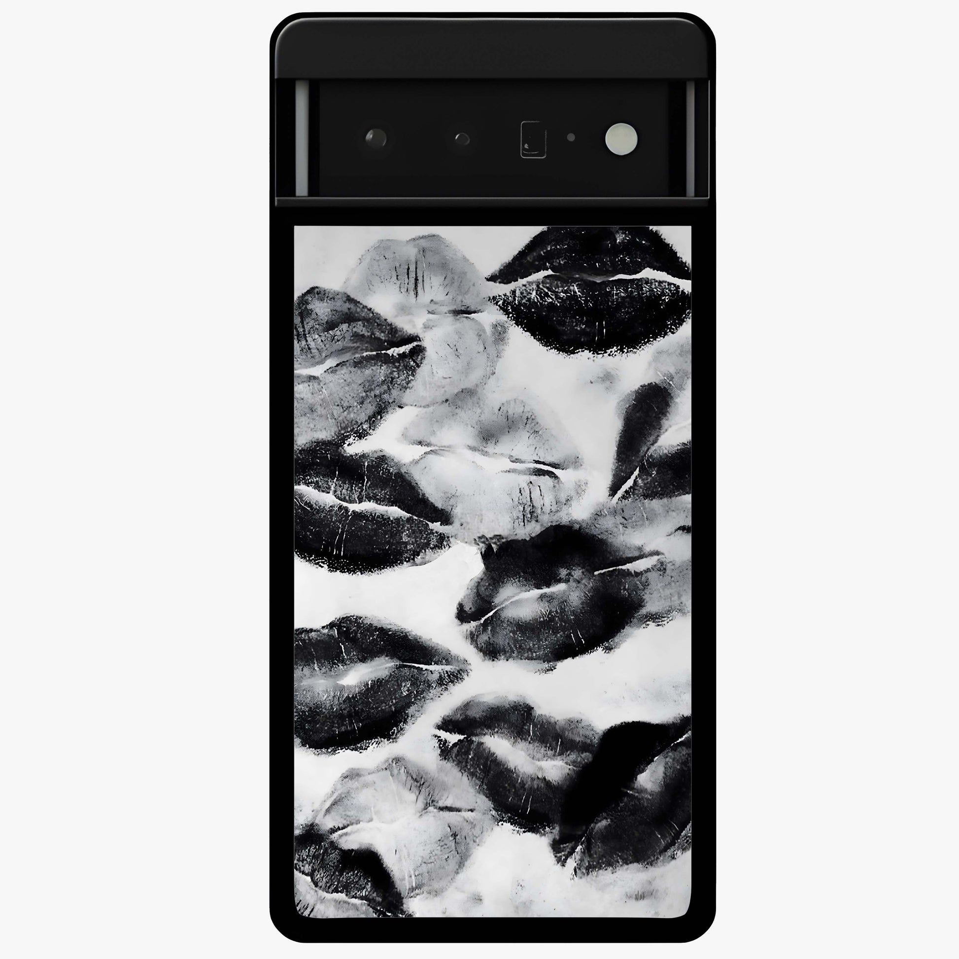 Midnight Kiss Marks Glass Case showing flat back view with lipstick kiss mark artwork and glossy glass finish.