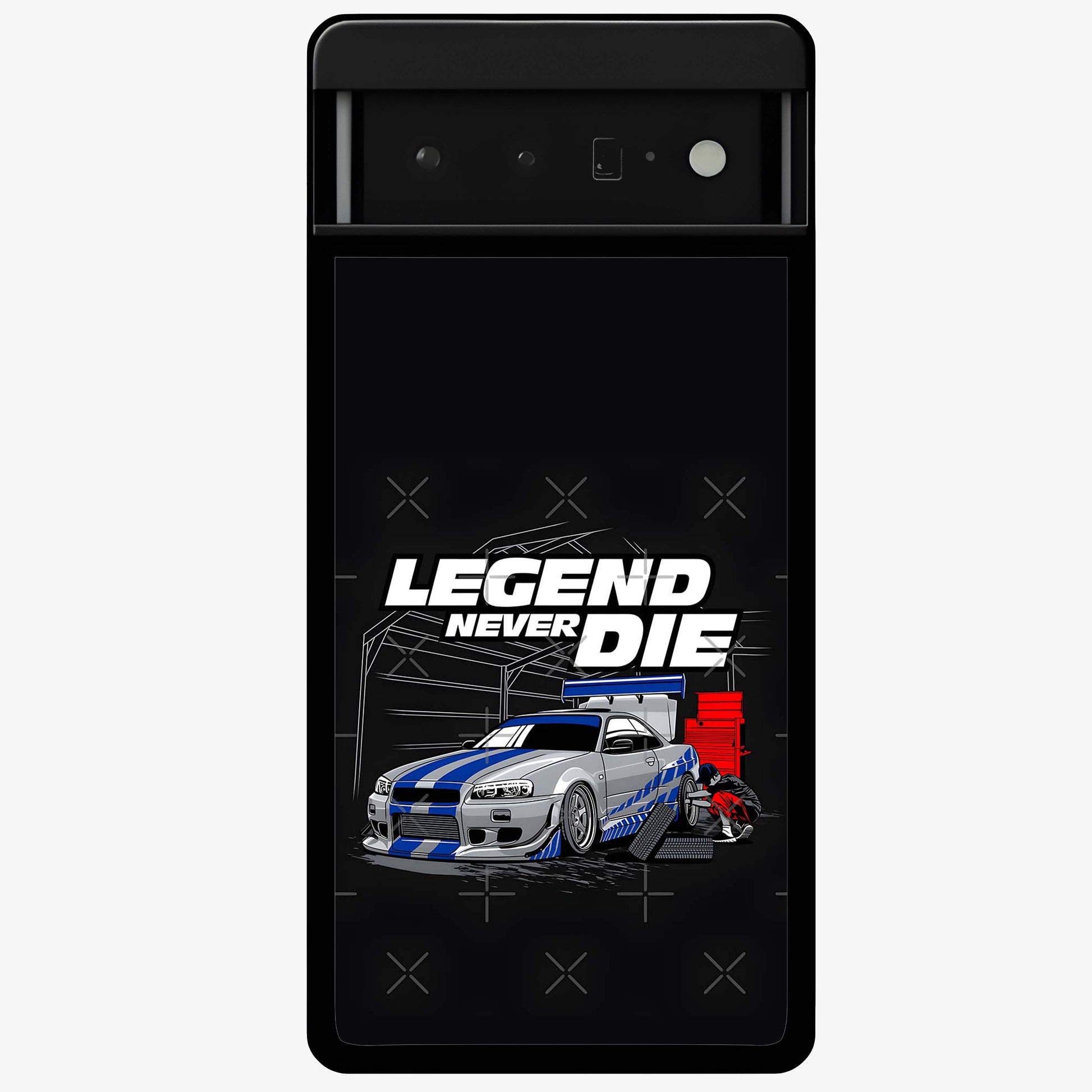 Midnight Racing Legacy Glass Case showing flat back view with sleek racing inspired artwork and glossy glass finish.