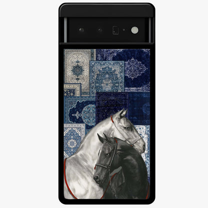Midnight Stallion Blues Glass Case showing flat back view with majestic horse artwork and glossy glass finish.