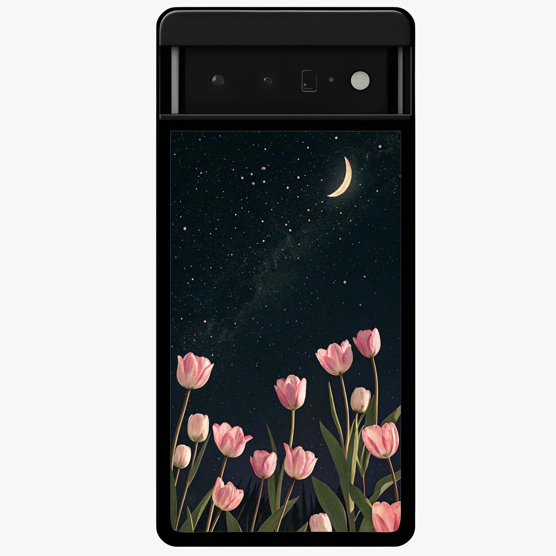 Midnight Tulip Whispers Vibe Glass Case showing flat back view with elegant tulip flower artwork and glossy glass finish.
