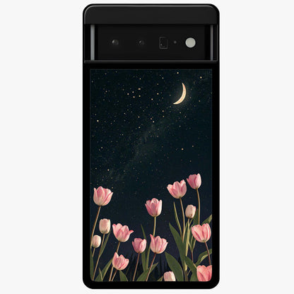 Midnight Tulip Whispers Vibe Glass Case showing flat back view with elegant tulip flower artwork and glossy glass finish.