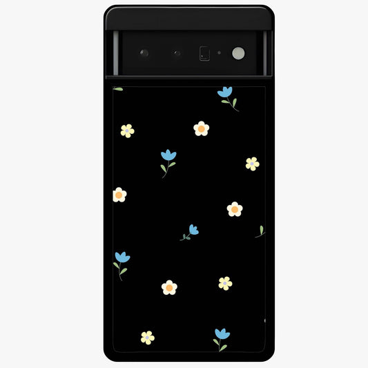 Minimalistic Blue With White Flower Pattern Glass Case showing flat back view with blue background and white flower pattern and glossy glass finish.