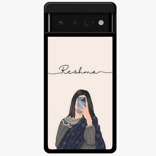 Mirror Mood Muse With Custom Name Glass Case showing flat back view with stylish mirrored artwork and personalized name design.
