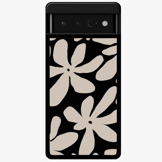 Monochrome Petal Dance Glass Case showing flat back view with monochrome floral artwork and glossy glass finish.