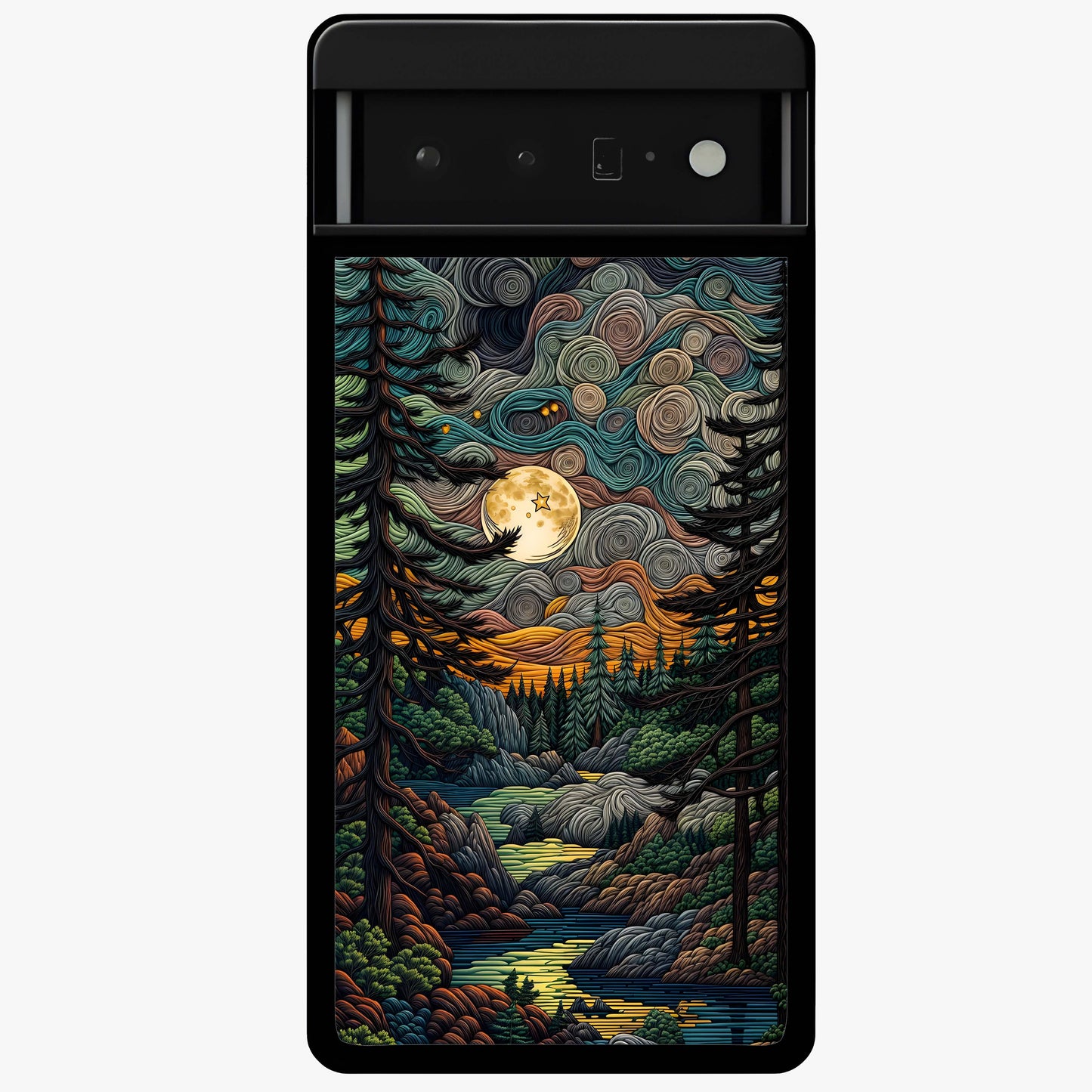 Moonlight Forest Dream Glass Case showing flat back view with mystical forest moonlight artwork and glossy glass finish.