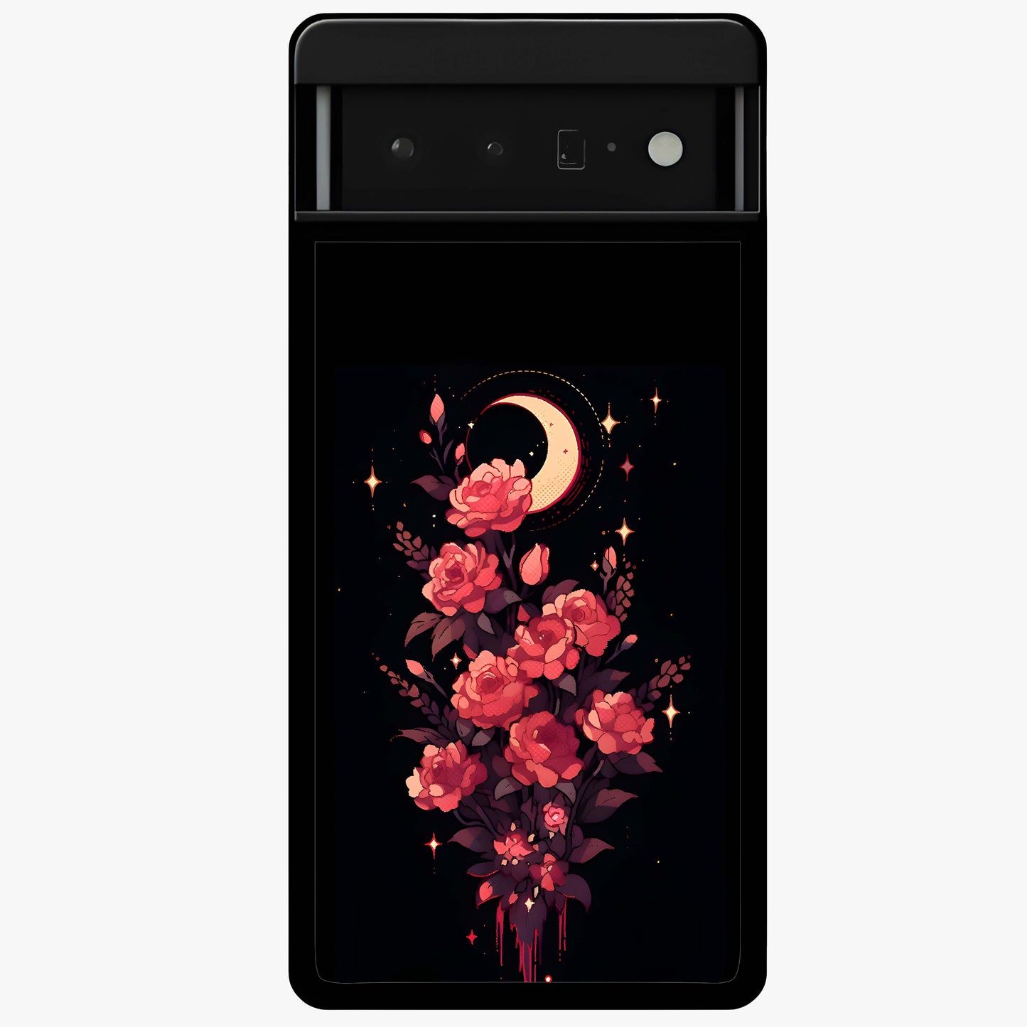 Moonlit Floral Elegance Glass Case showing flat back view with elegant floral artwork under moonlit tones and glossy glass finish.