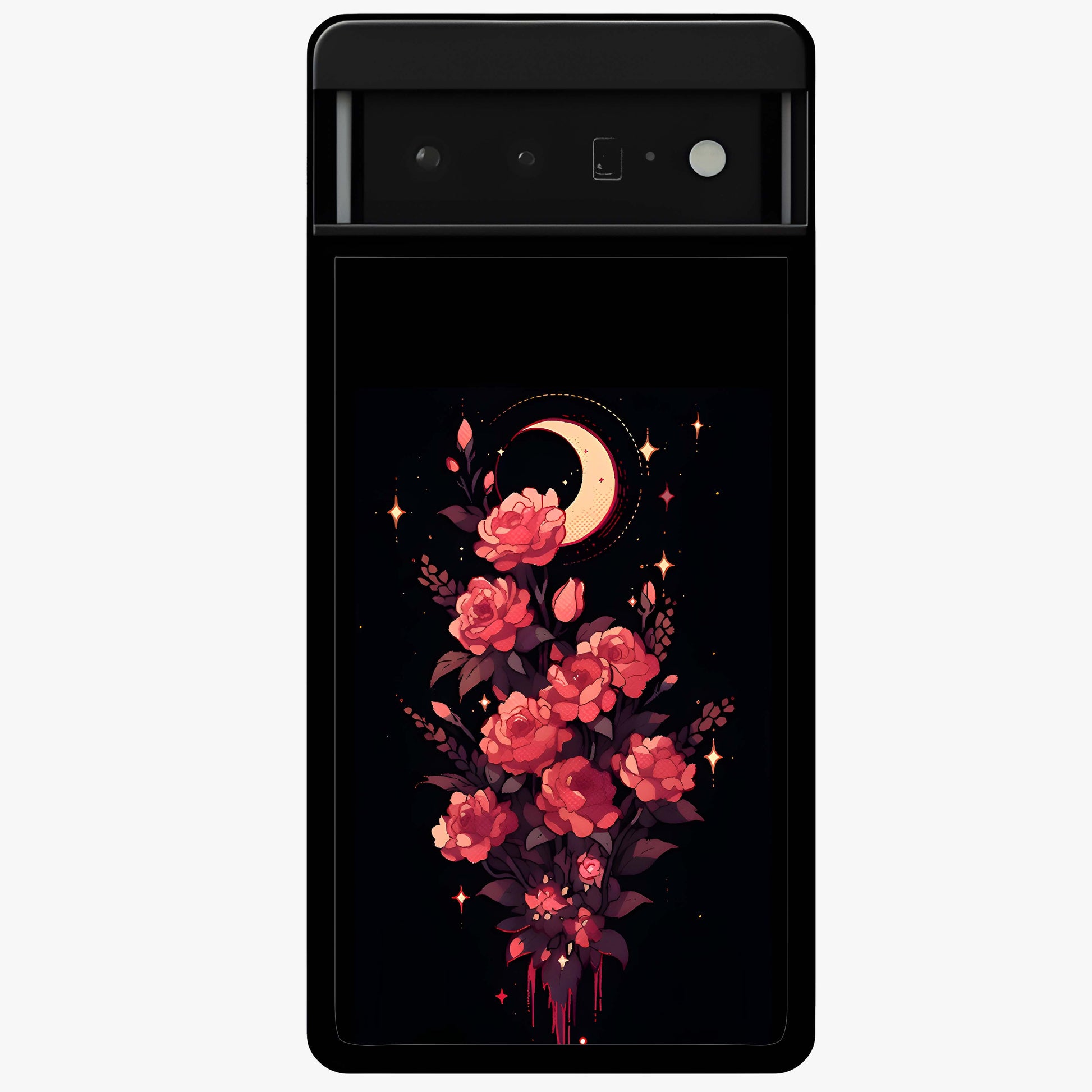 Moonlit Floral Elegance Glass Case showing flat back view with elegant floral artwork under moonlit tones and glossy glass finish.