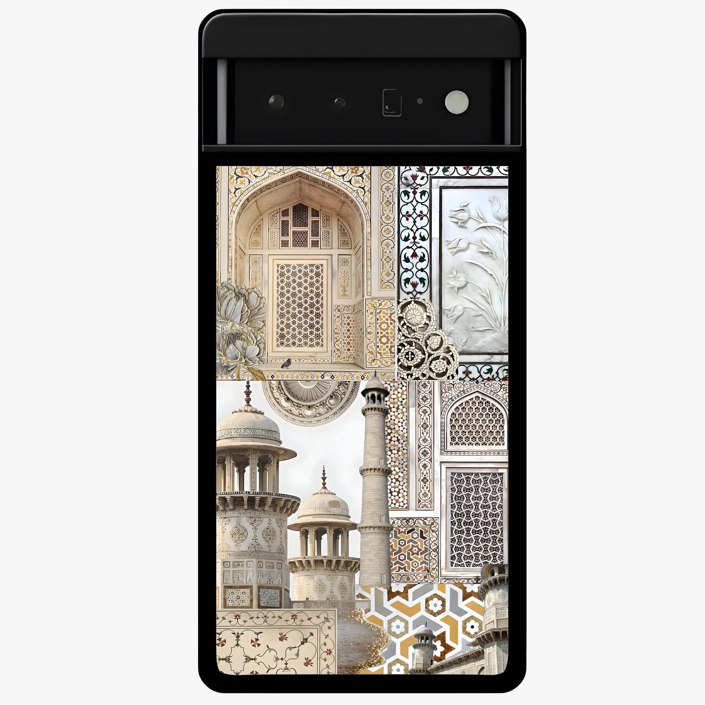 Mughal Marble Legacy Glass Case showing flat back view with intricate Mughal inspired marble pattern and glossy glass finish.