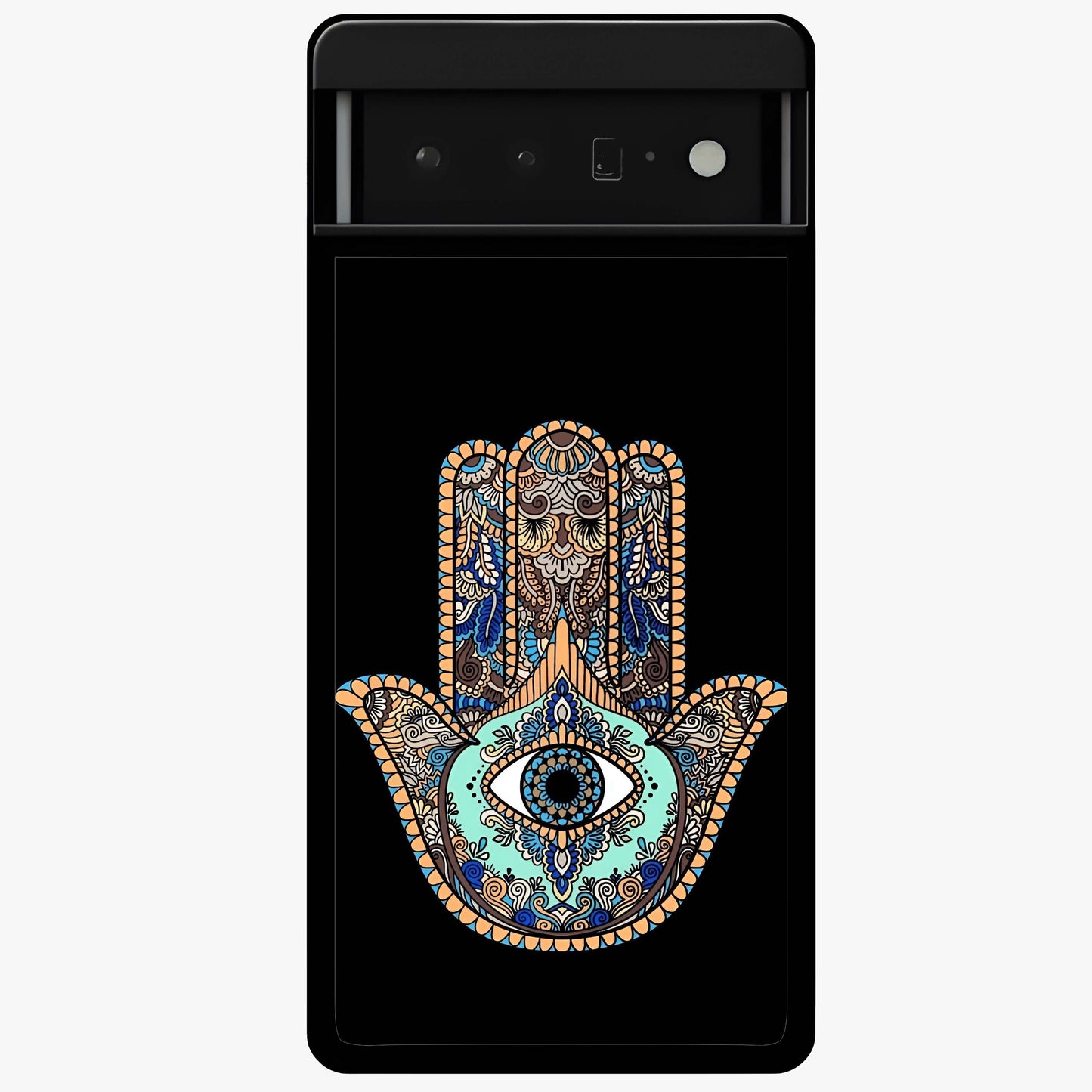 Mystic Hamsa Eye Glass Case showing flat back view with protective hamsa hand and evil eye artwork and glossy glass finish.