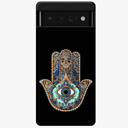 Mystic Hamsa Eye Glass Case showing flat back view with protective hamsa hand and evil eye artwork and glossy glass finish.