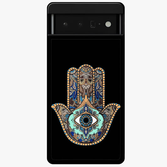 Mystic Hamsa Eye Glass Case showing flat back view with protective hamsa hand and evil eye artwork and glossy glass finish.